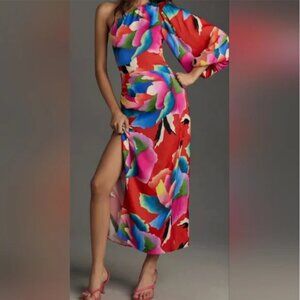 Farm Rio Midi One Shoulder Floral Dress with slit size XS